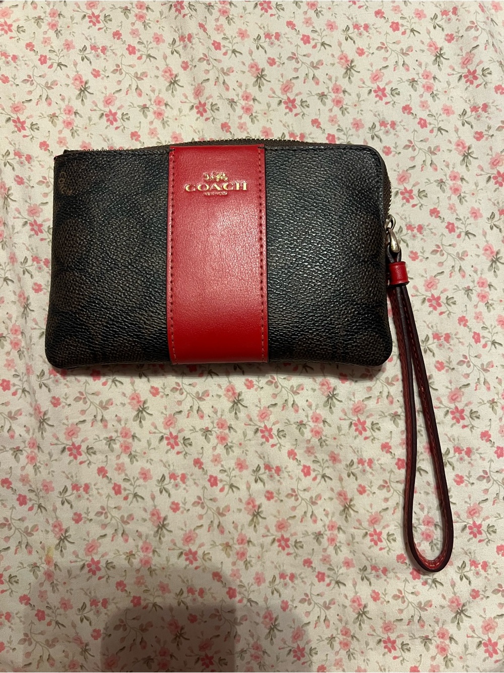 Coach Black Pebbled Leather Wristlet with Red Center Stripe